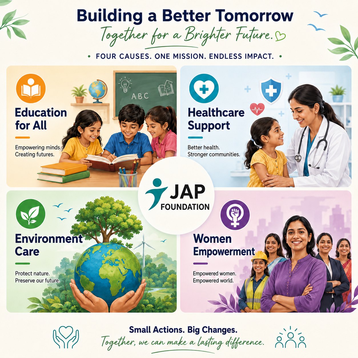 JAP Foundation causes: education, healthcare, environment care and women empowerment